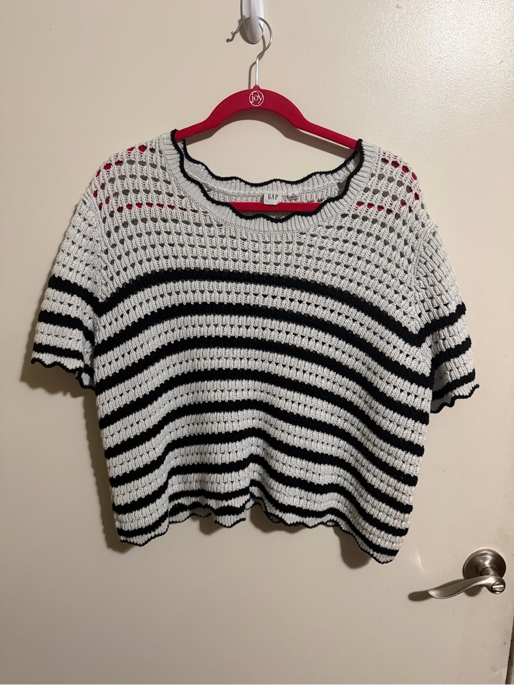 GAP Black and White Crocheted Striped Short-Sleeve Sweater